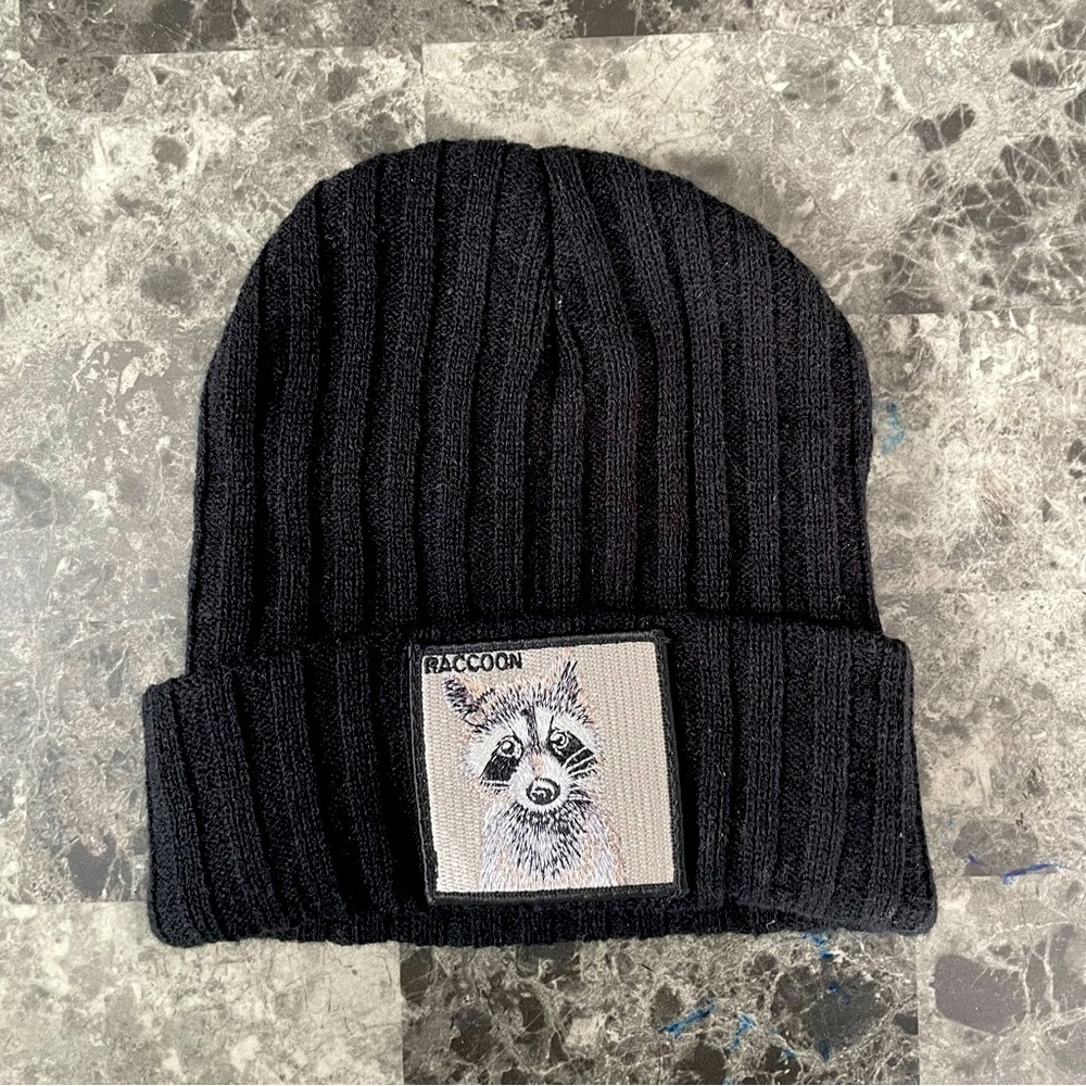 Ribbed Black Beanie with Raccoon Patch - Picture 1 of 5